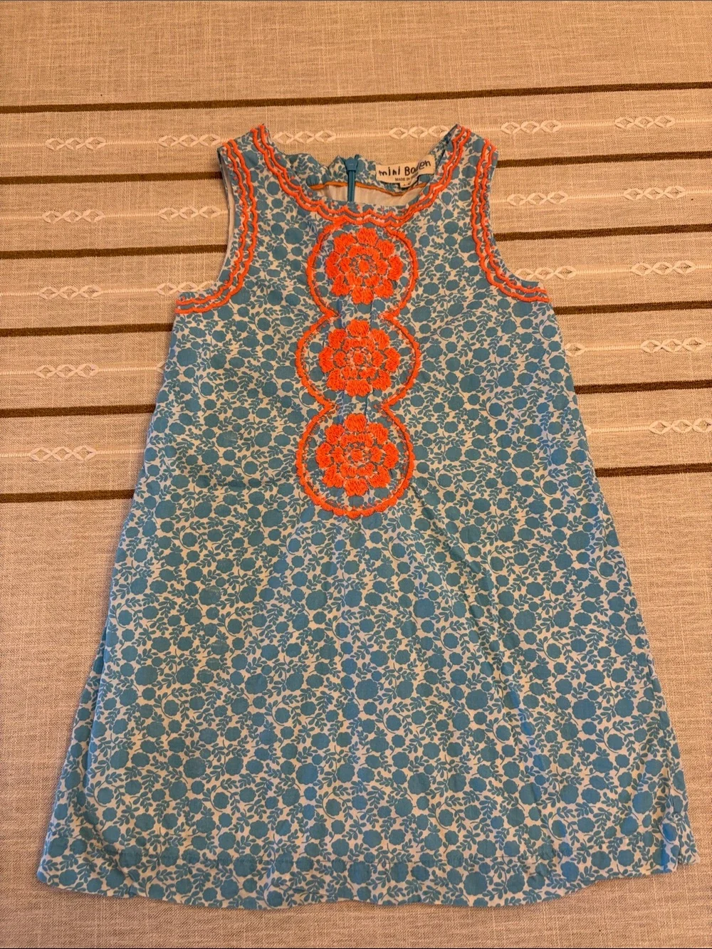 Mini Boden Blue Floral Dress with Coral Embroidery